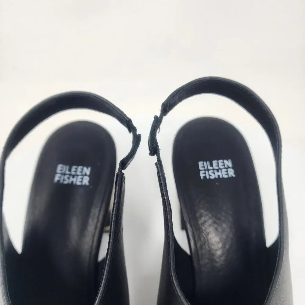 Eileen Fisher Bobbie Slingback Sandal Women 9.5 Italian Black Leather Wood Heel